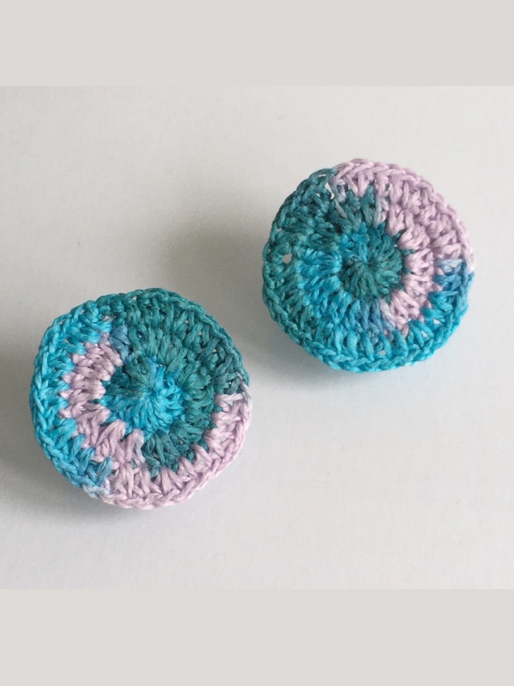 1.25” Diameter Handmade Crocheted Earrings in Teal, Lavender & Aqua Boho